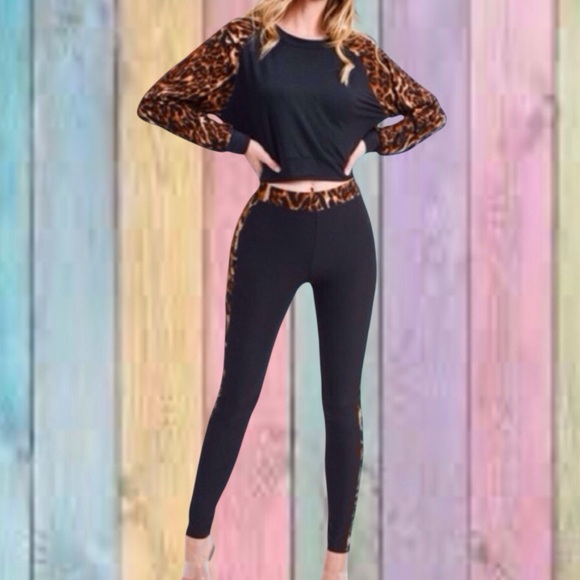 Yelete Black Leopard Print 2 Piece Long Sleeve High Rise Legging Pants Set NWT - Picture 1 of 13